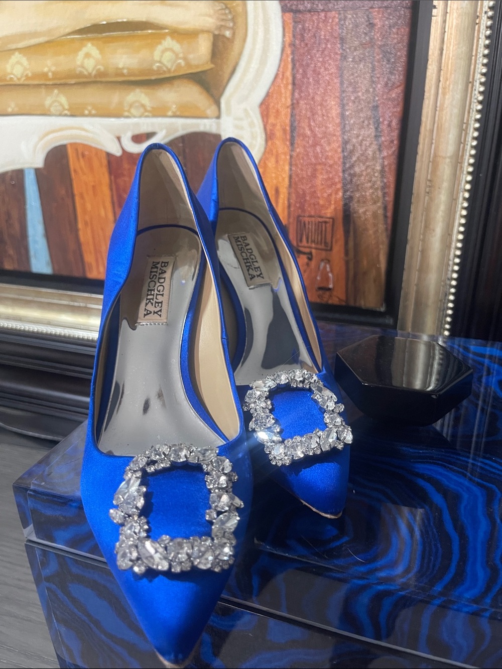 Badgley Mischka Royal Blue Satin Pointed-Toe Pumps with Crystal Buckles